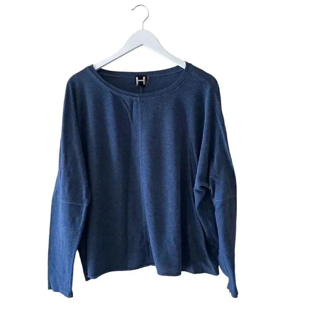 H by Bordeaux Blue Navy Soft Boat Neck Dolman Long Sleeves SZ L
